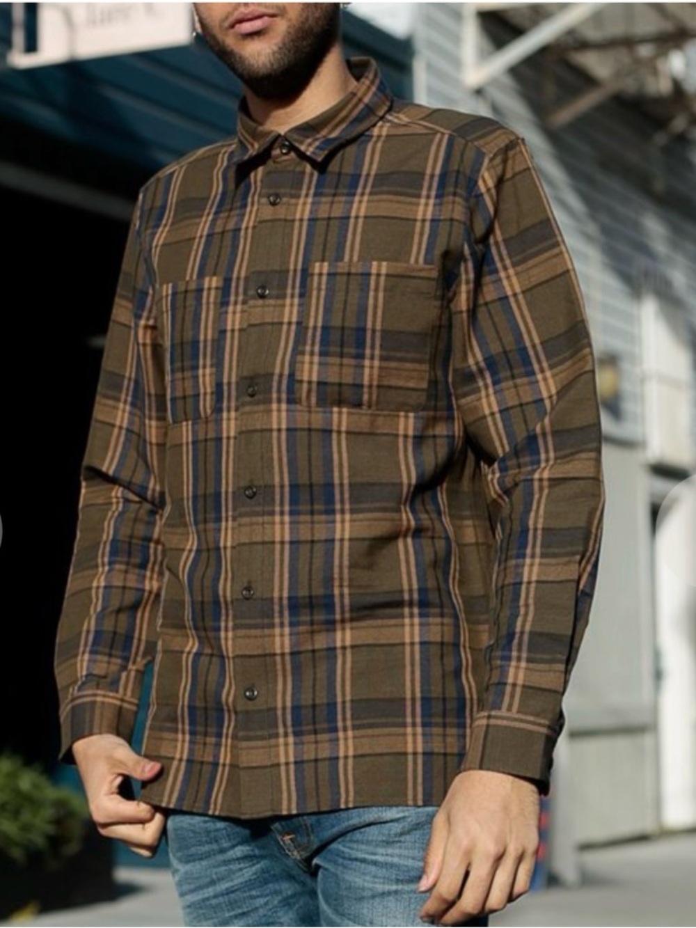 APC Achille Brown Blue Plaid Cotton Linen Button Down Shirt Large